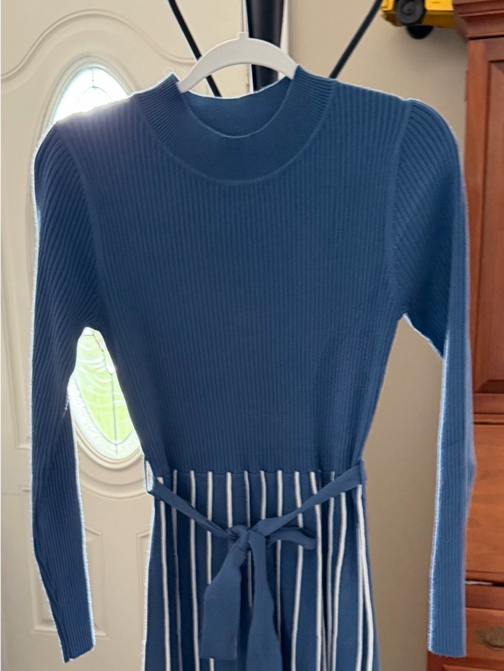 Blue Ribbed Knit Tie-Waist Midi Dress